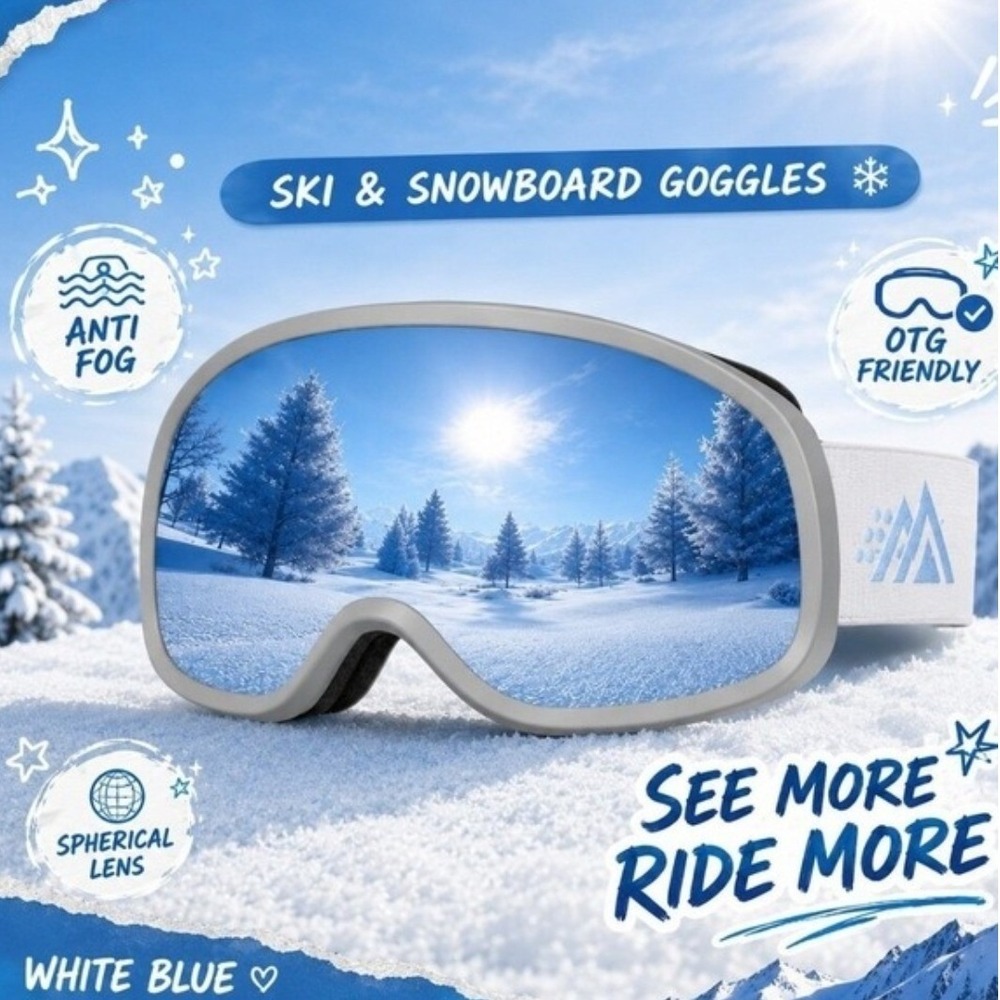 POPOACTI‎ Ski Snowboard Goggles Anti Fog OTG Spherical Lens White Blue New